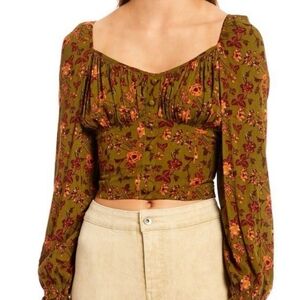 Floral Smocked Corset Crop Top Puff Sleeve Cottagecore XS Y2K Green Prairie